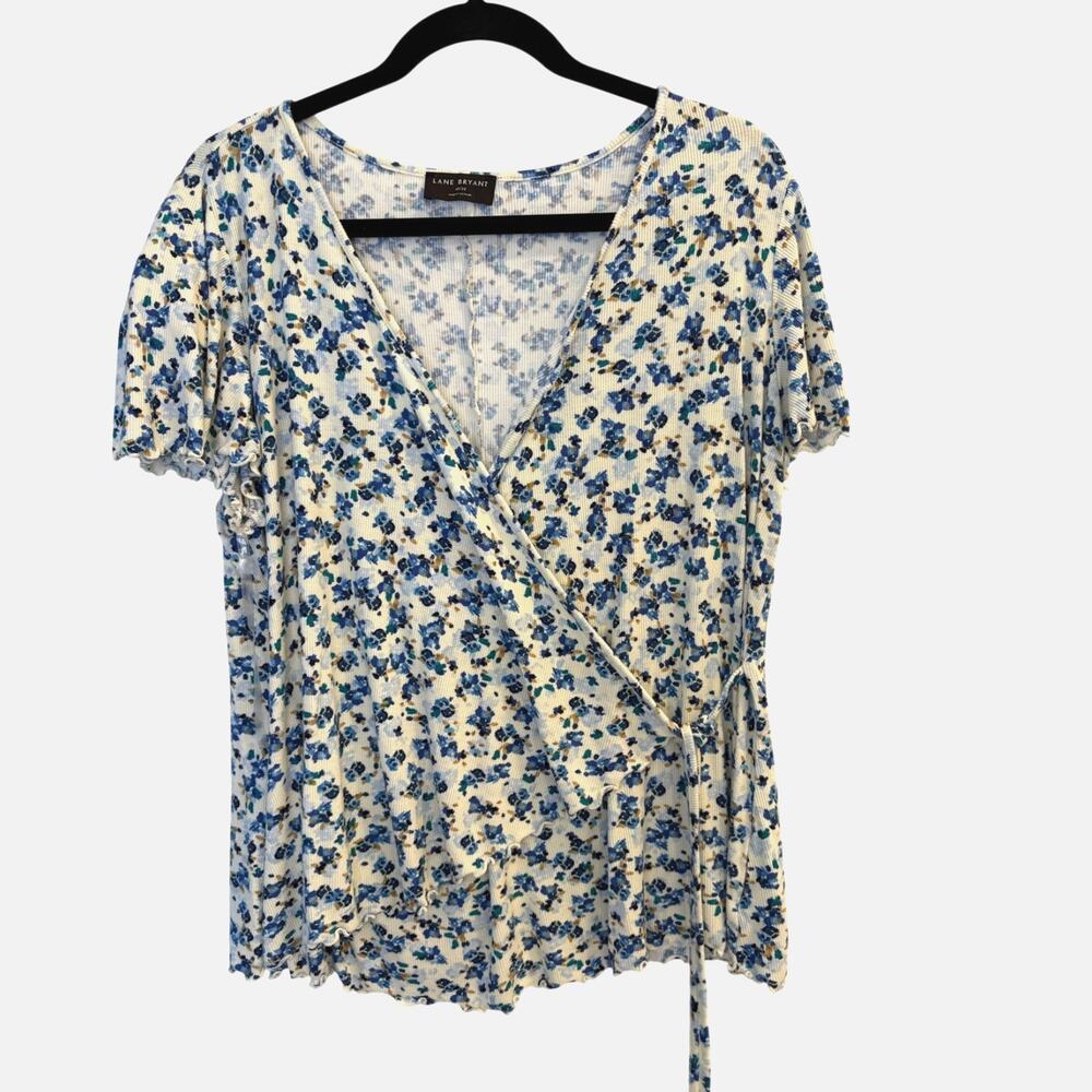 Lane Bryant Blue Floral Ribbed Faux Wrap Short Sleeve Top Plus Size 18 / 20